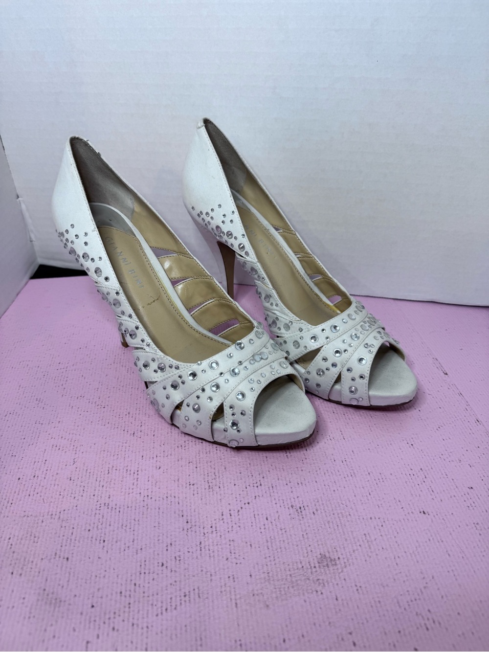 Gianni Bini White Studded Peep-Toe Heels